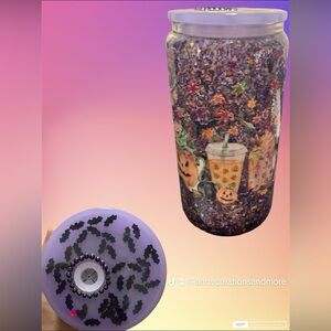 16 oz Halloween theme snowglobe glass cup comes with purple lid and straw